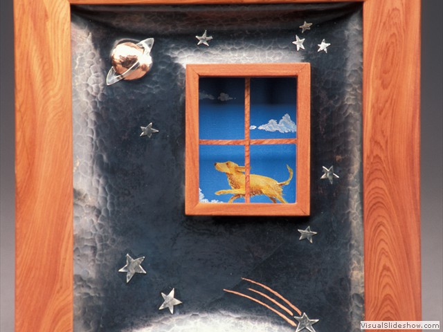 Shadow Box 6 inch x 8 inch Hammered Copper - Silver - Ancient Juniper -<br/>Painting of Flying Dog by Ryan O'Brien